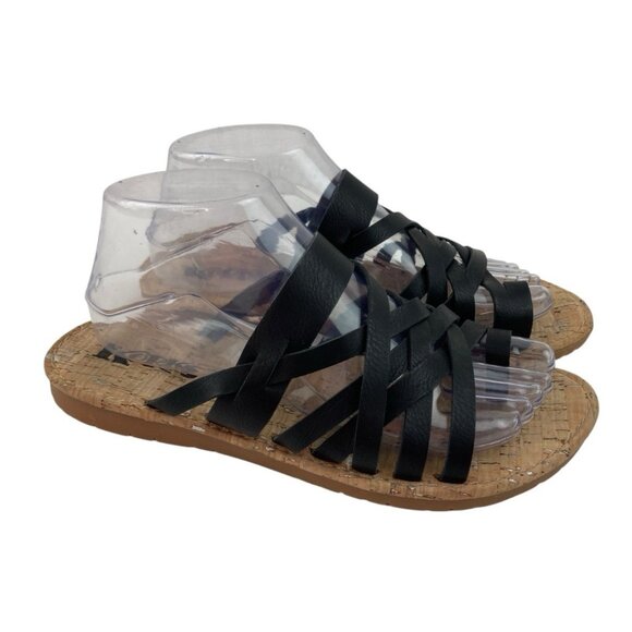 *Korks Khell Sandals Womens 8 Black Leather Strappy Slip On Flat Summer Comfort - Picture 1 of 12
